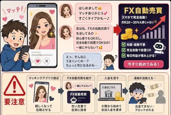 マッチングアプリを悪用した投資詐欺についての説明画像