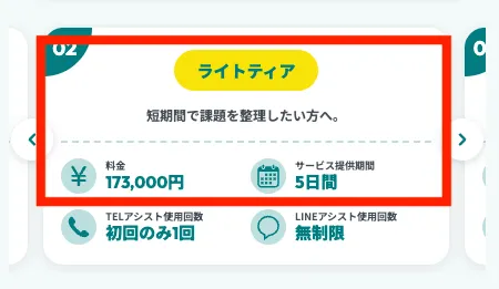 ライトティアの料金表。173,000円でサービス提供期間5日間との表記。