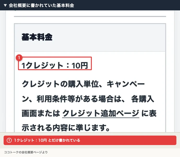 基本料金 1クレジット10円と記載されたココトークの会社概要