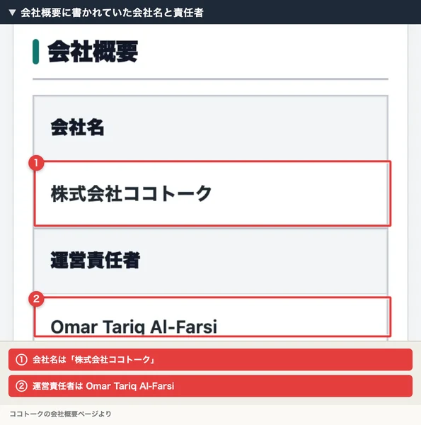 会社名を株式会社ココトーク、運営責任者をOmar Tariq Al-Farsiと記載する会社概要