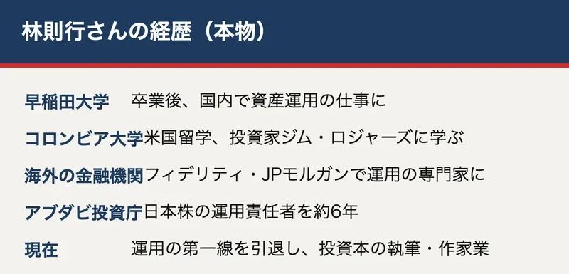 林則行の経歴の年表。早稲田大学からコロンビア大学、海外の金融機関、アブダビ投資庁までを並べた図