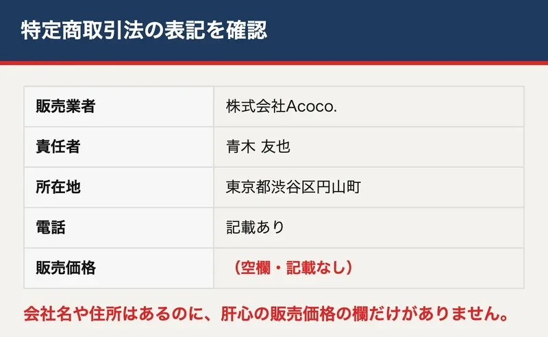 林則行の投資部の特定商取引法に基づく表記。会社名や住所は記載されているが販売価格の欄が空いていることを示した図