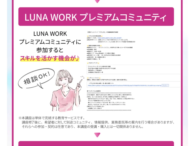 ルナワークのコミュニティ説明画面に埋め込まれていた、動画制作の依頼内容やシナリオの構成例