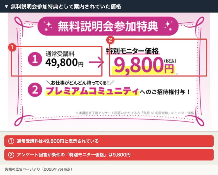 無料説明会に参加すると通常受講料49,800円が特別モニター価格9,800円になるというルナワークの特典案内