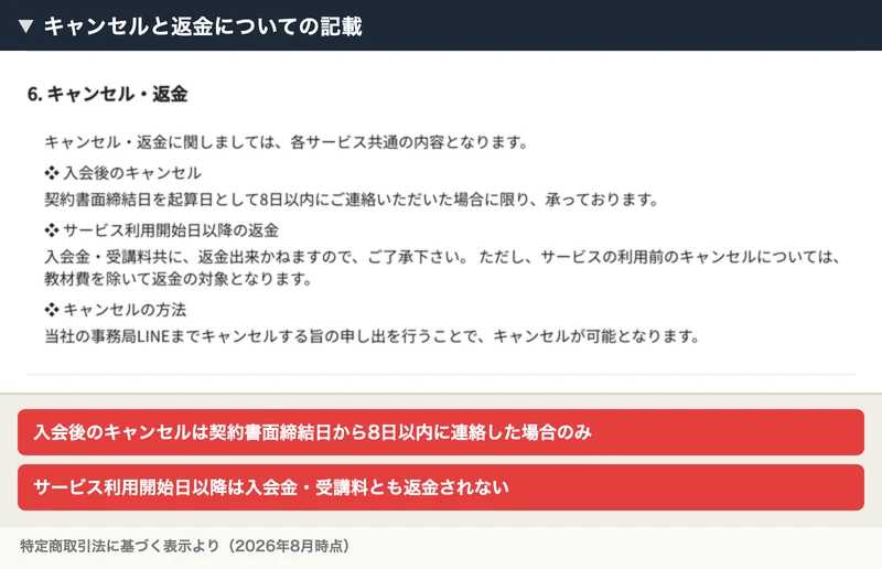 入会後のキャンセルは契約書面締結日から8日以内、サービス利用開始日以降の返金は入会金・受講料共に返金できないと書かれたリモラボの特定商取引法に基づく表示