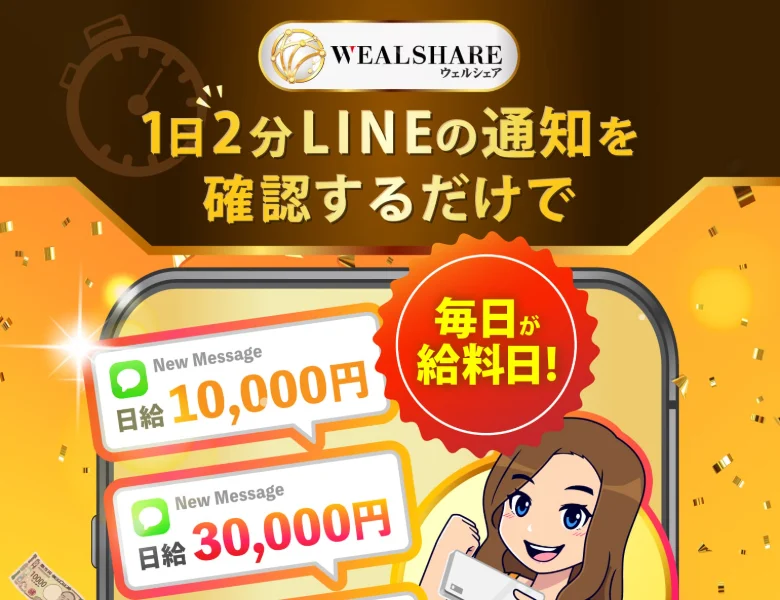1日2分LINEの通知を確認するだけで毎日が給料日、日給10,000円や30,000円の通知が届くとうたうウェルシェアの広告