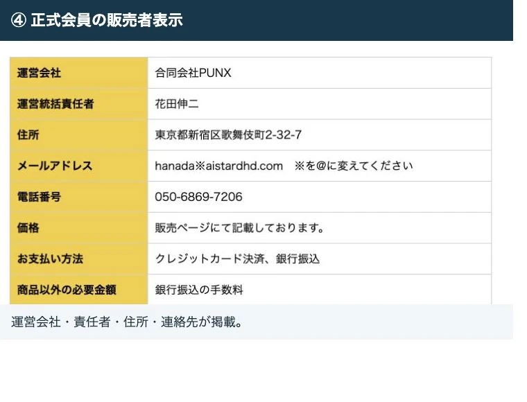 正式会員の運営会社は合同会社PUNXで責任者は花田伸二と表示