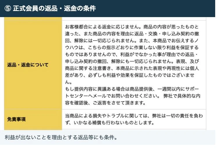 正式会員の特商法表示に返品・返金の条件と利益保証の注意書き