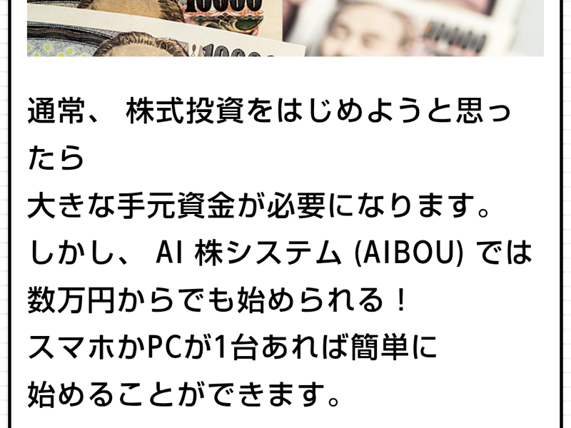 AIBOUが数万円から始められると説明する画面