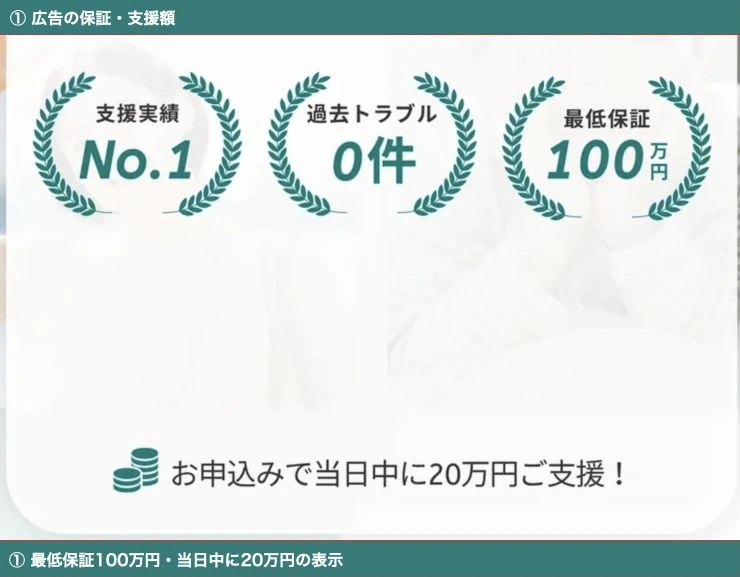 広告に支援実績No.1・過去トラブル0件・最低保証100万円と表示