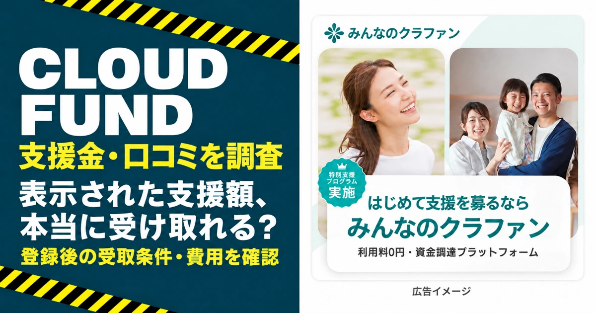 CLOUD FUNDの支援金・口コミを調査する宮崎記事のアイキャッチ。右側はみんなのクラファンの広告イメージ。