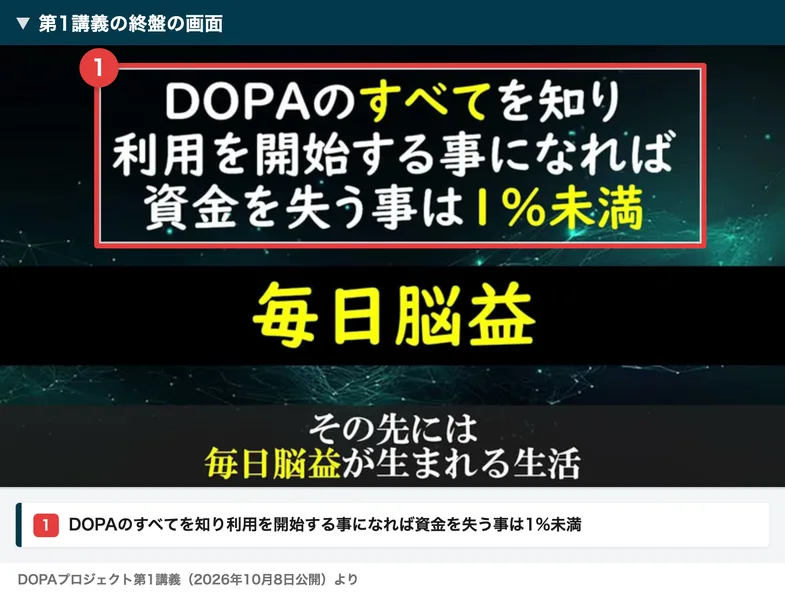 DOPAを利用すれば資金を失う事は1%未満と表示する講義画面