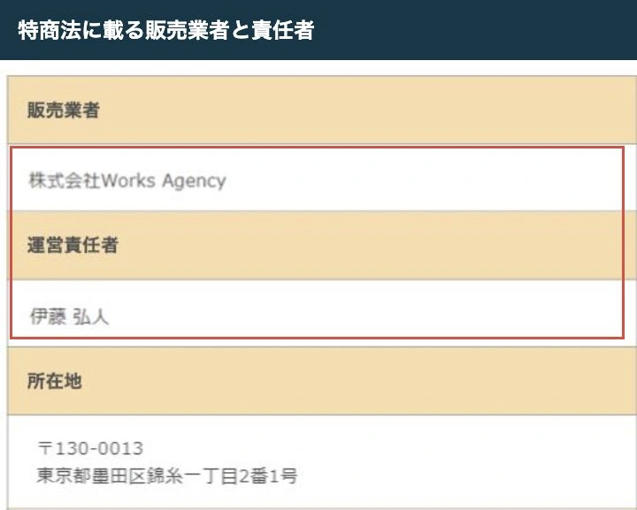 特商法の株式会社Works Agency・伊藤弘人・東京都墨田区錦糸の記載