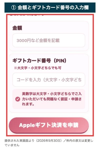 金額とギフトカードのPINを入力するAppleギフト決済フォーム