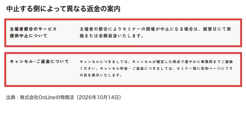 主催者都合の中止は振替または全額返金、参加者のキャンセルはセミナー別条件とする特商法